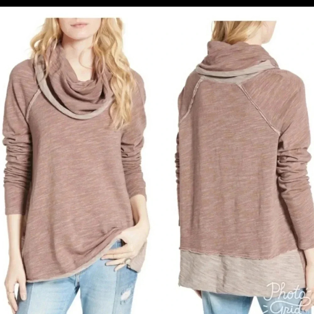 Free People Beach Cocoon Cowl Neck Pullover Heathered Brown Sz M/L Raglan Sleeve